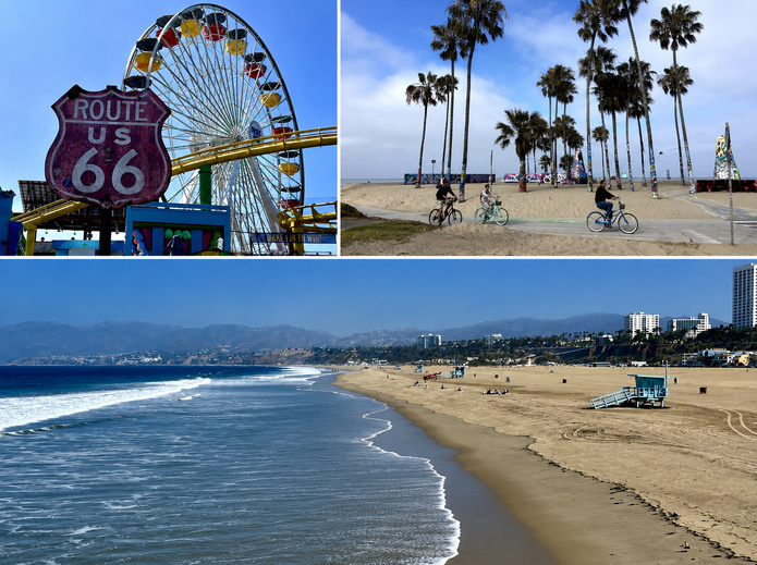 Santa Monica, station banéaire de rêve. Photos : PB, composition générée par IA