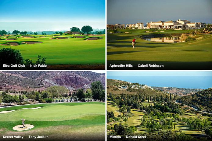 Les quatre parcours de la région de Paphos : Eléa (Nick Faldo), Aphrodite Hills (Cabell Robinson), Secret Valley (Tony Jacklin), Minthis (Donald Steel) © Eléa Golf Club · Aphrodite Hills · Secret Valley Golf Club · Minthis — visuels fournis par les parcours partenaires