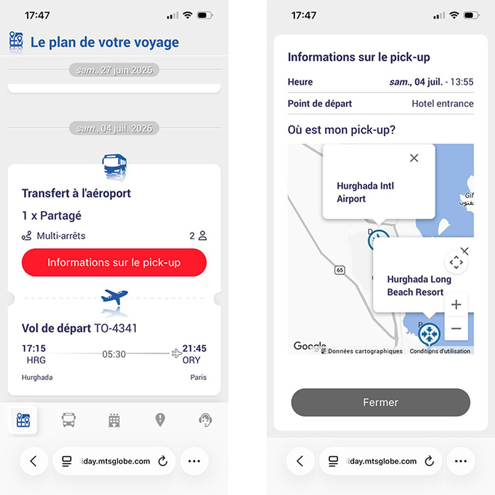 Info voyageur sur Myholidayapp, source MTS Globe / Géolocalisation du transfert sur Myholidayapp © MTS Globe