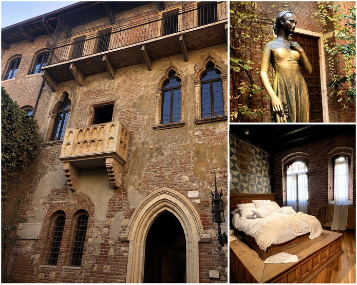 La maison et son balcon rajouté au XXe siècle; la statue de Juliette ; dans le petit musée installé dans les étages, le lit des "amants de Vérone" utilisé en 1969 par Franco Zeffirelli pour son film Roméo et Juliette. Photos PB. Composition générée par IA. La maison et son balcon rajouté au XXe siècle; la statue de Juliette ; dans le petit musée installé dans les étages, le lit des "amants de Vérone" utilisé en 1969 par Franco Zeffirelli pour son film Roméo et Juliette. Photos PB. Composition générée par IA.