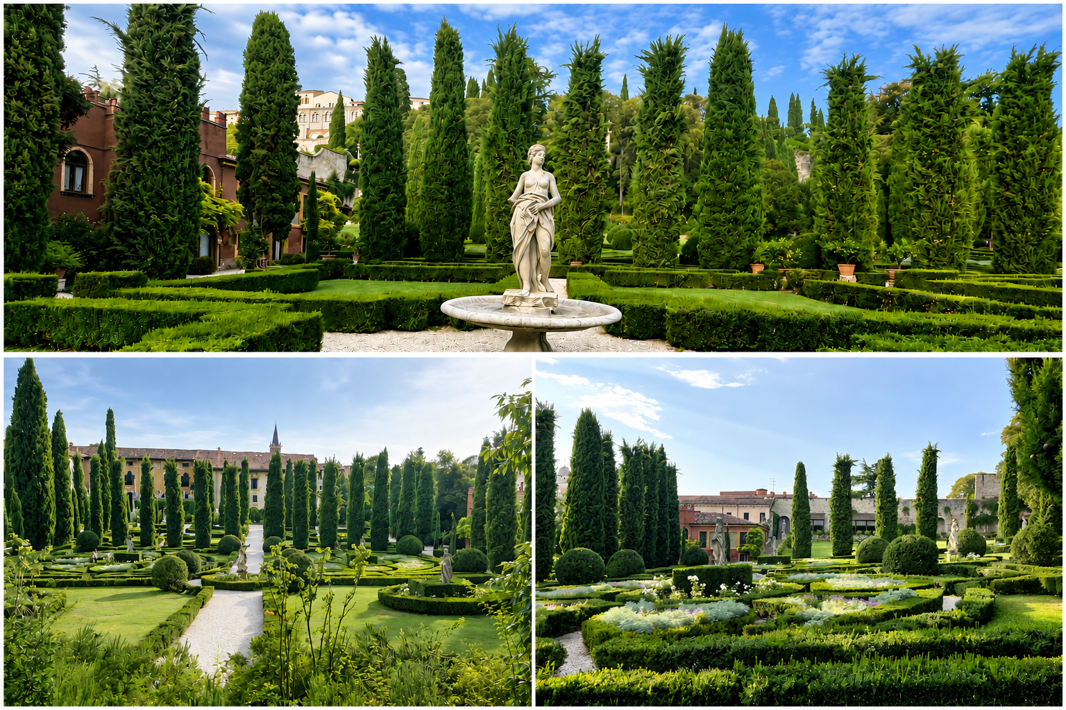 Créés au XVIe pour la famille Giusti, ces jardins en terrasse constituent l’un des exemples les plus aboutis de l’influence de la Renaissance italienne. Photos PB. Composition générée par IA. Créés au XVIe pour la famille Giusti, ces jardins en terrasse constituent l’un des exemples les plus aboutis de l’influence de la Renaissance italienne. Photos PB. Composition générée par IA.