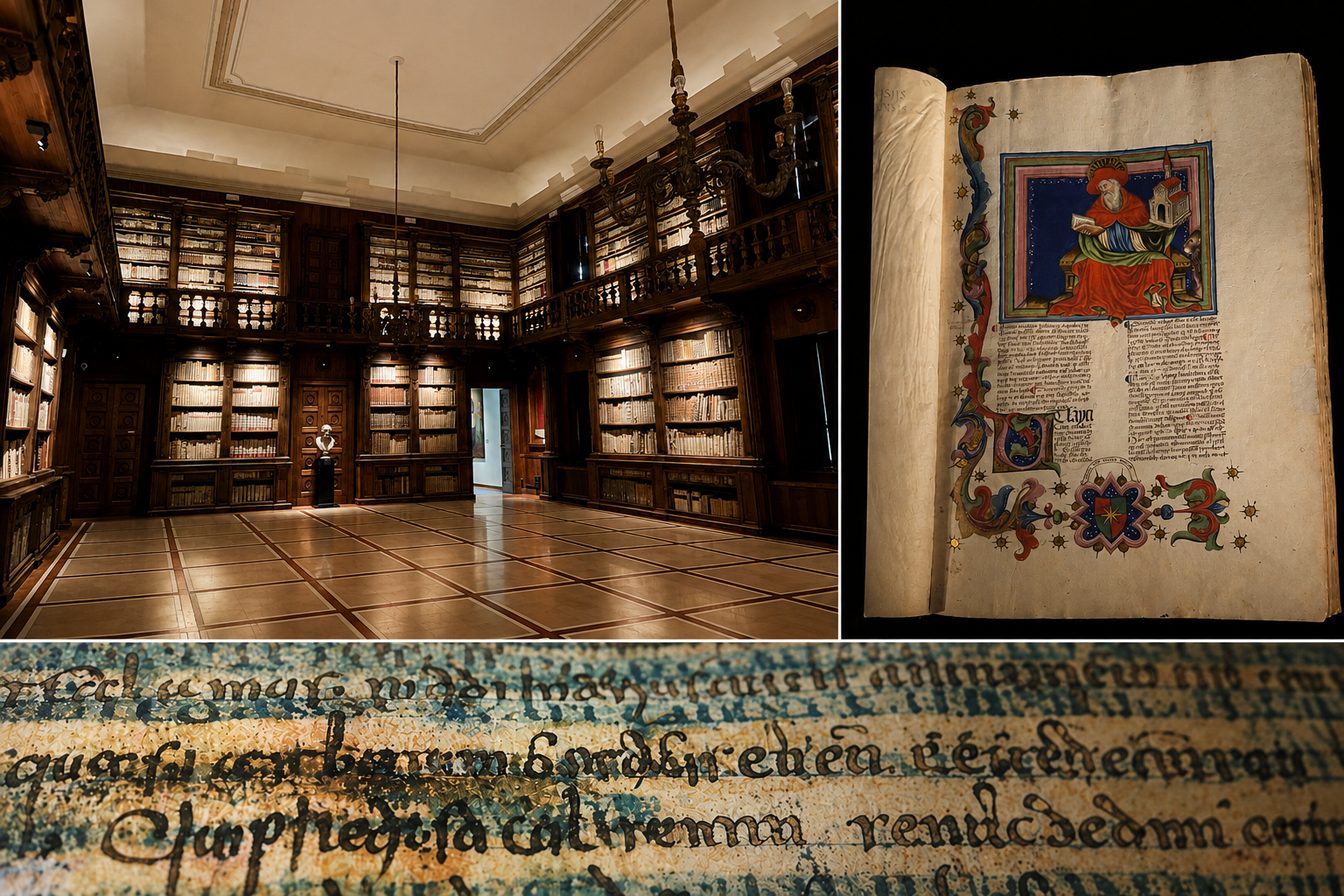 La salle principale de la Bibliothèque capitulaire. Liniature de Saint-Jérôme illustrant un manuscrit du XIVe. Détail (reproduction) du Palimpseste de Gaius. Photos PB. Composition générée par IA. La salle principale de la Bibliothèque capitulaire. Liniature de Saint-Jérôme illustrant un manuscrit du XIVe. Détail (reproduction) du Palimpseste de Gaius. Photos PB. Composition générée par IA.