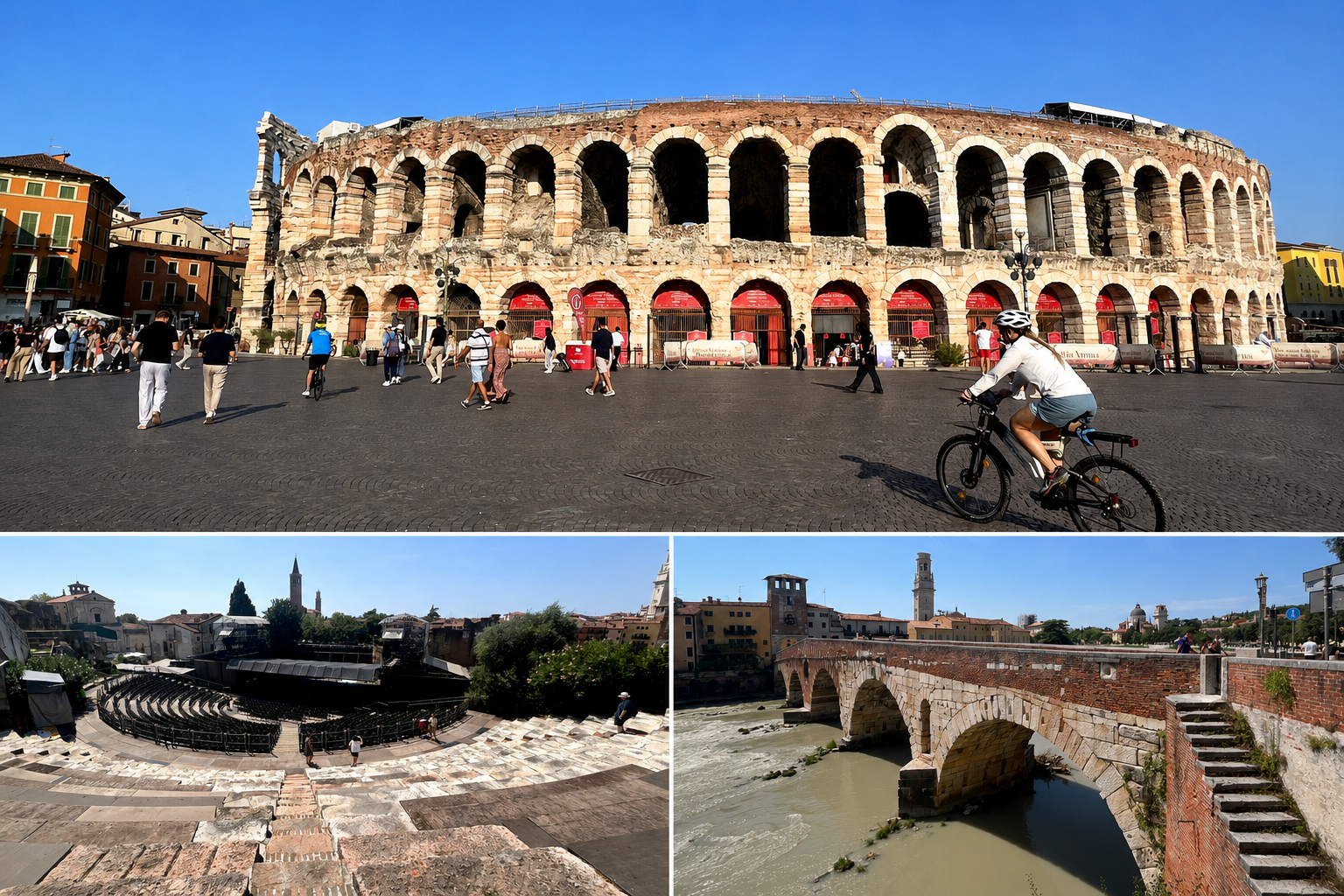 Les arènes de Verone. Le théâtre antique. Le pont romain qui enjambe l'Adige. Seules ses premières arches sont d'origine. Photos PB. Composition générée par IA. Les arènes de Verone. Le théâtre antique. Le pont romain qui enjambe l'Adige. Seules ses premières arches sont d'origine. Photos PB. Composition générée par IA.