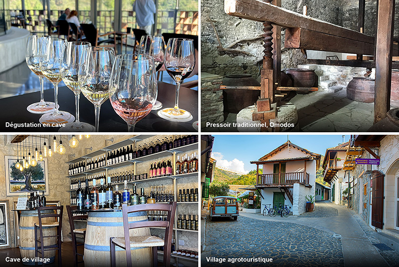 Le terroir chypriote : dégustation en cave, pressoir traditionnel d’Omodos, cave de village et rue d’un village agrotouristique du Troodos © Creative Tours Cyprus Le terroir chypriote : dégustation en cave, pressoir traditionnel d’Omodos, cave de village et rue d’un village agrotouristique du Troodos © Creative Tours Cyprus