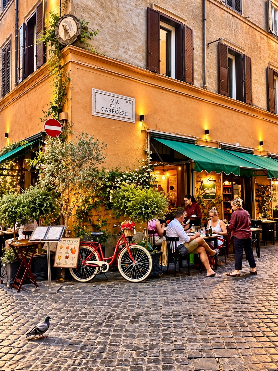 Une terrasse de café via delle Carrozze, dans le centre historique de Rome - Photo : Sébastien Cros