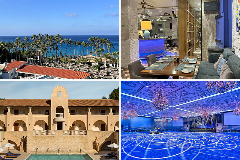 Quatre registres du parc hôtelier chypriote : le Cavo Maris à Protaras, le Columbia Beach Resort à Pissouri, l’Elysium à Paphos et la salle de réunion du Parklane à Limassol © Creative Tours Cyprus (Protaras, Pissouri) ; © Elysium ; © Parklane, visuels fournis par les établissements