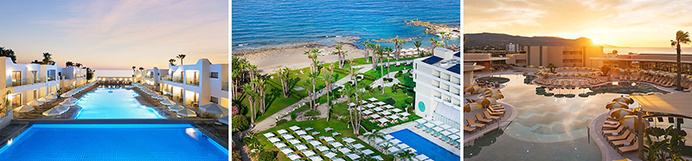 Les trois nouvelles adresses du programme 2027 : l’Eleni Holiday Resort à Chloraka, l’Imperial Island Resort à Paphos et le Nalu à Latchi © Eleni Holiday Resort, © Imperial Island Resort, © Nalu : visuels fournis par les établissements